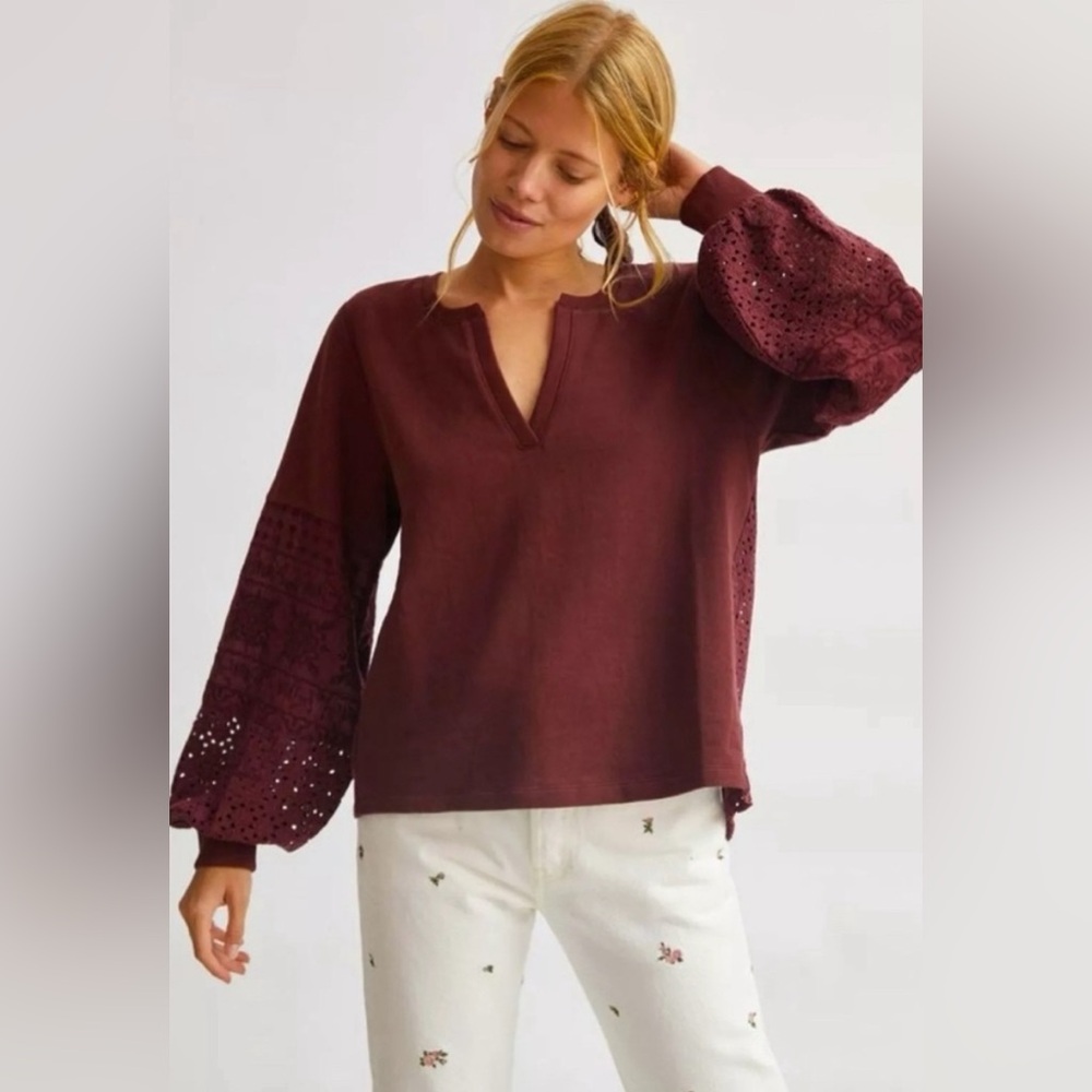 Anthropologie Plum Eyelet Yoke VNeck Pullover Sweatshirt Balloon Sleeve Top